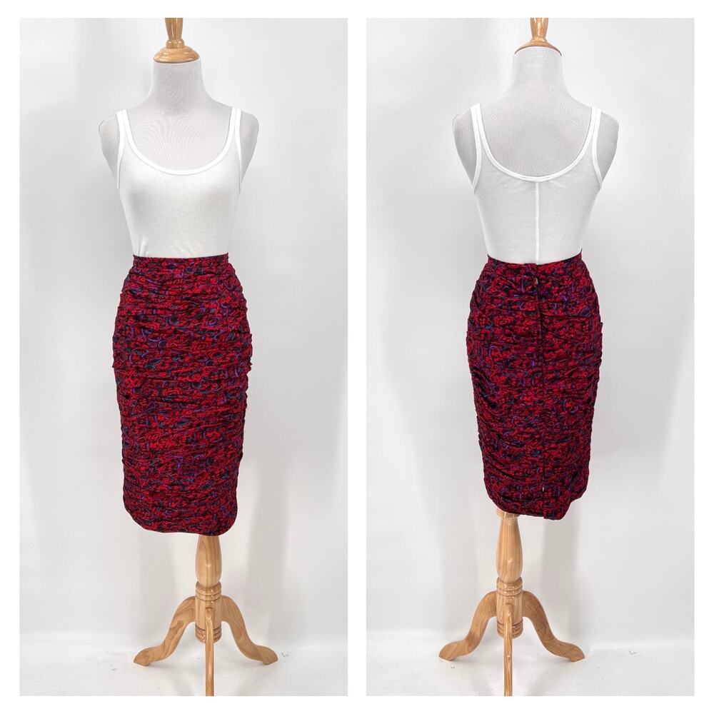 RAUL BLANCO Vintage 80s Silk Pencil Skirt 12 Red Multi Scrunch Ruched Printed